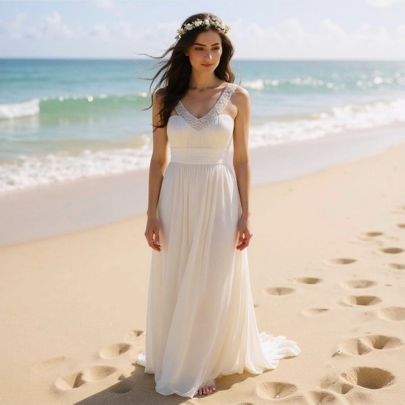Trixxi ✦ Destination Wedding Dress ✦ Cinched Bust Embroidered Beaded Neckline M - Picture 1 of 17